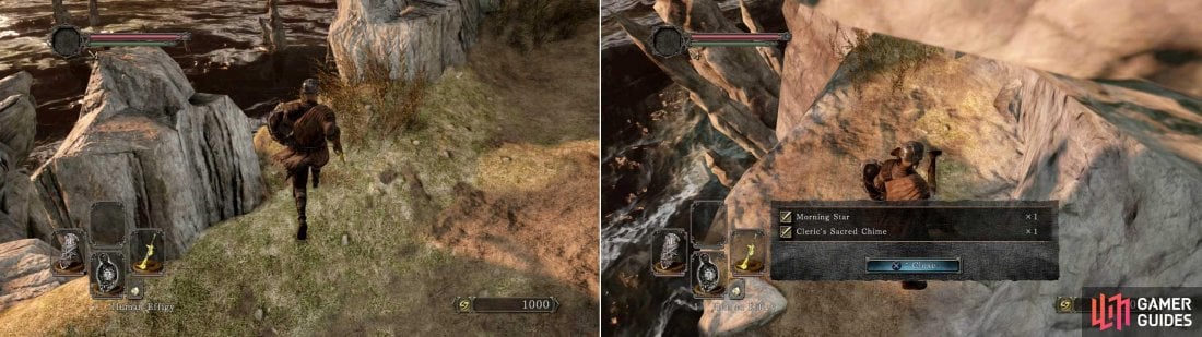 Look for a gap in the rocks, drop down twice and pick up the - very useful - [Morning Star] weapon, [Cleric’s Sacred Chime] and the [Binoculars].