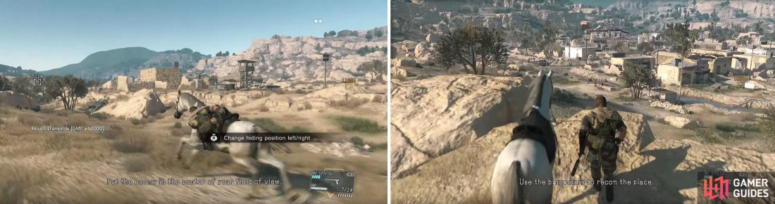 You can hide when on D-Horse (left), useful when running past enemy bases. Reconning an area (right) is pivotal to mission success. Find a high vantage point.