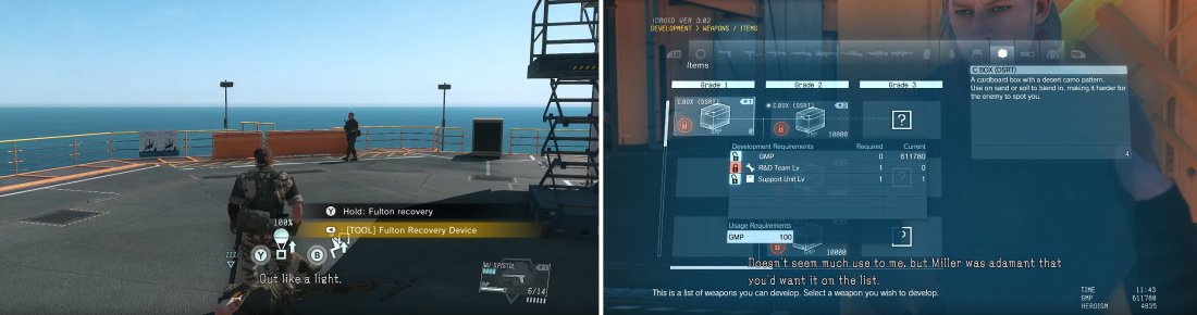 Fulton Recovery (left) is essential for making progress in Mother Base. You can develop items on the fly using your iDroid (right).