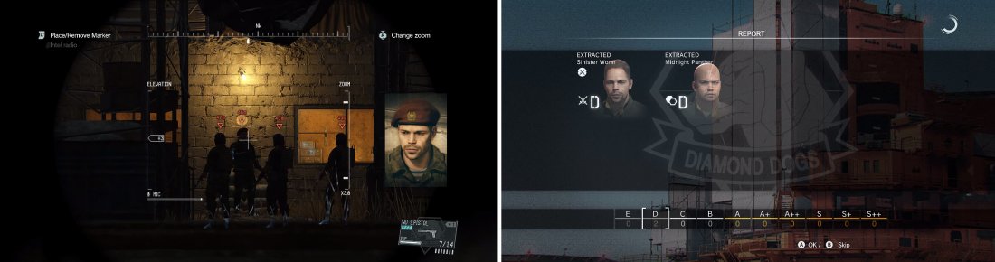 If you catch the Commander with your binoculars and I.D. his face (left) you can confirm hes the target. Extracting him has benefits since he is usually an elite soldier for Mother Base (right).