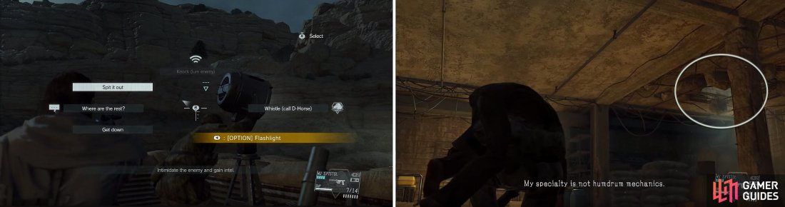 Interrogating enemies (left) is crucial to completing missions in an easy manner. Once youve found the engineer, extract him through the hole in the roof (right).