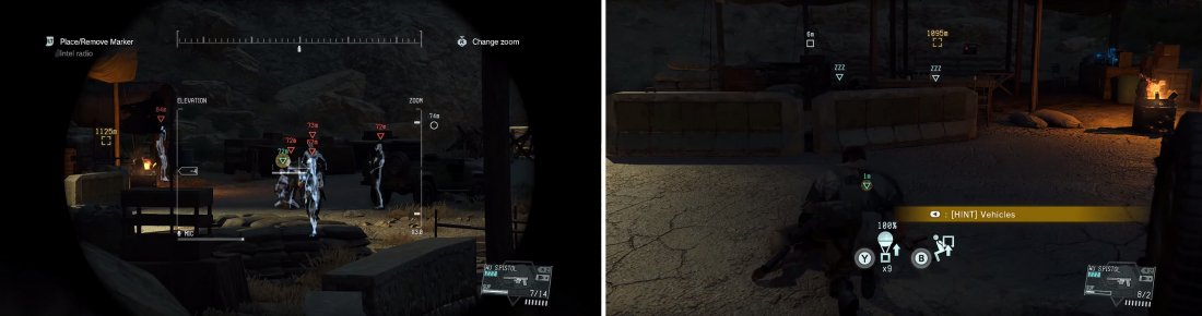 If you zoom in with your binoculars you can highlight the prisoner (left). You must take out all the soldiers nearby before you can extract him (right).