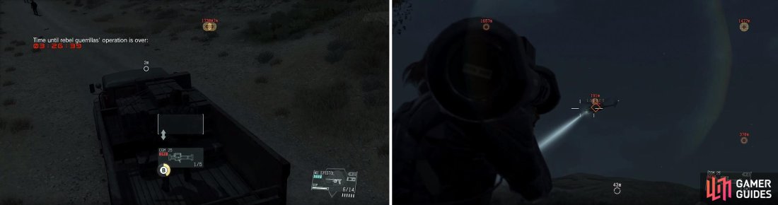 Once you've taken out the driver of the weapon's transport, climb into the back to retrieve the rocket launcher (left). Use it on the enemy gunship at the LZ (right) to gain bonus points.