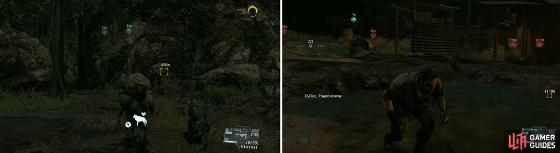 D-Dog (left) is a good choice for this mission because he can scout the enemies (right).