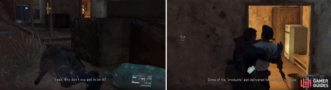 Creep up to the target (left) then choke/ stun or Tranq the soldier so you can extract him or simply eliminate him (right).