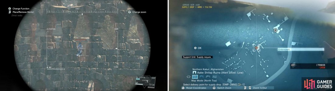 Locate Quiet using your sniper rifle or scope (left). Use the map to request a supply drop at Quiets location (right).