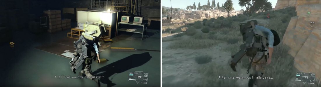 You can choose to go by foot or use Walker gear (left) though running may be the stealthier option (right).