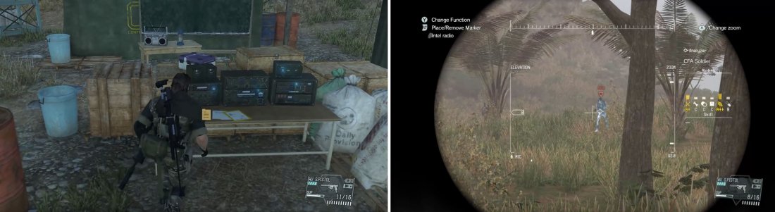 Locate the enemy documents by the radio tower (left) and then hunt for the target along the suggested route marked on the map (right).