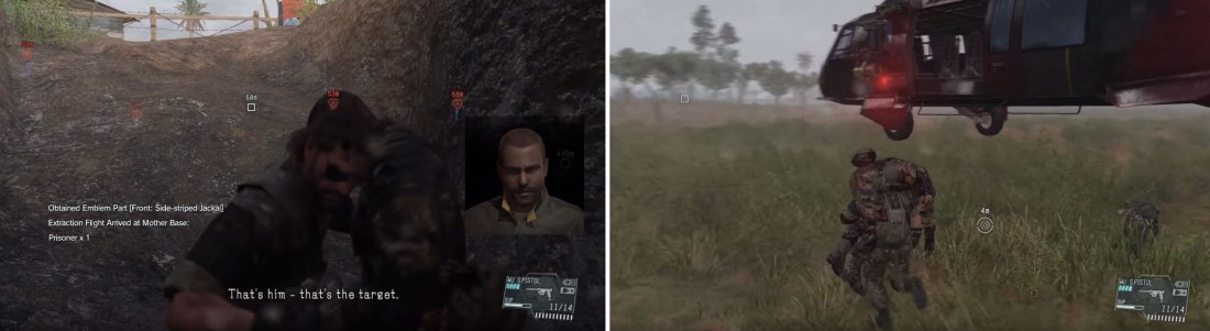 The second agent is in a ditch (left) so pick him up and carry him to the chopper for extraction (right).