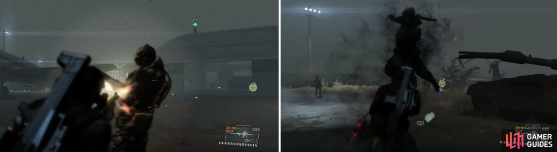 Quiet on the roof of the hanger (left) offers excellent covering fire. Try to counter the Skulls melee attacks for bonus damage (right).