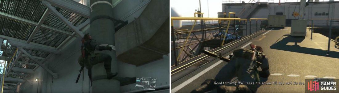 You can climb the pipe to stay hidden (left).When on the top deck you are required to stay low to the ground (right).