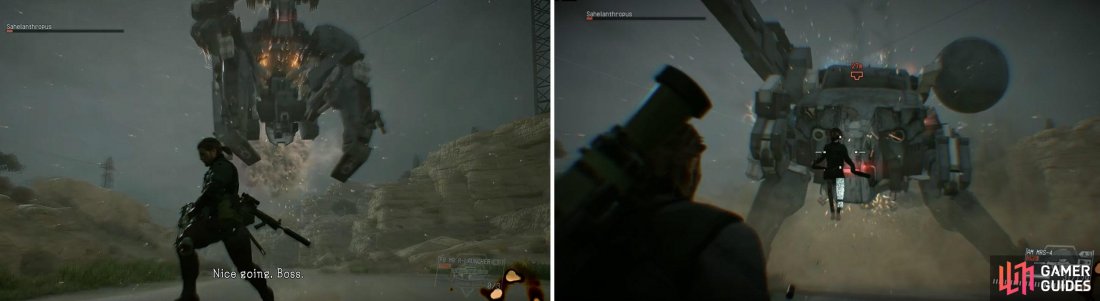 Once Sahelanthropus nears death The Floating Boy (left) will show himself. Shoot the Floating Boy to stun the boss (right).