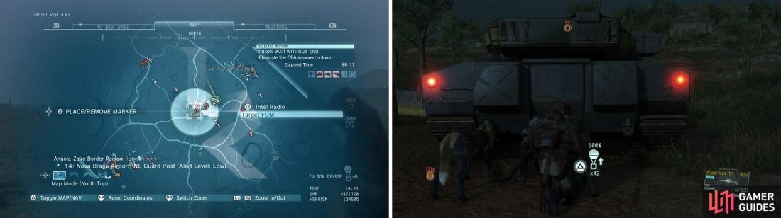 Head to the guard post shown on the map (left) and quickly clear it of enemies. The vehicles will stop here, making it easy to Fulton extract them (right).