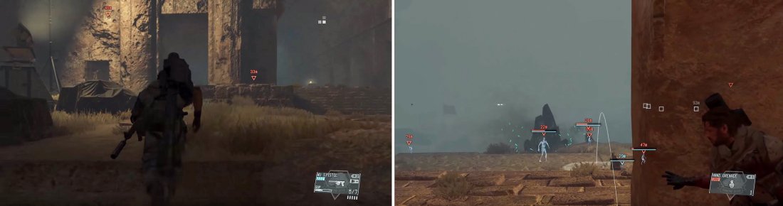 When you regain control, turn around and sprint up here (left). From this position, you can simply pick off the Skulls with grenades (right).