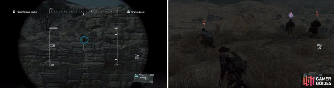 Look for the sniper on the cliff as you approach (left). Approach from behind his position and watch out for the other soldiers with him (right).