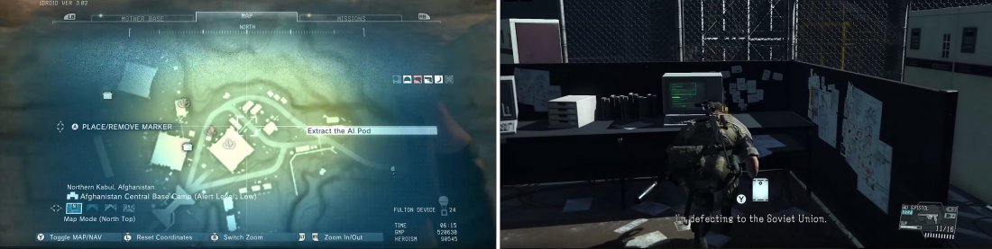 The AI Pod can be found in the larger eastern building (left). Approach the computer inside to access the Pod and a cutscene (right).