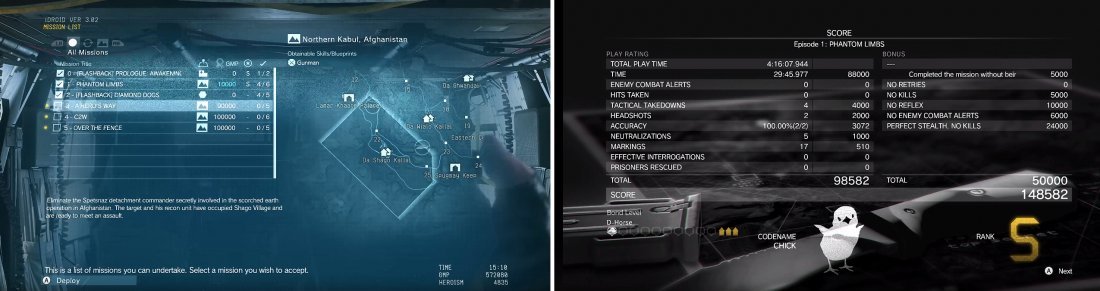 You can select which mission to play from the menu. The location is listed as well as any previous attempts (left). Upon completion, you will see a screen that gives details of your rank (right).