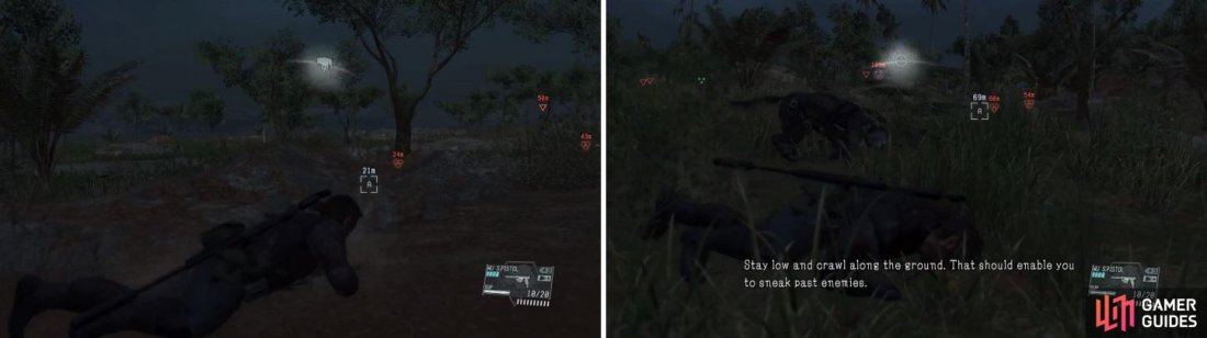 Be careful of the wild animals in the area (left), as they will attack you on sight. Snipers have a great field of vision (right), so if you see the white bar at the top, go prone immediately.