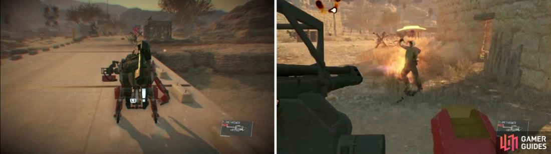 D-Walker has various functions, like a mode that makes it great for mobility (left). It can also equip a variety of weapons, like a gatling gun and even a flamethrower (right).
