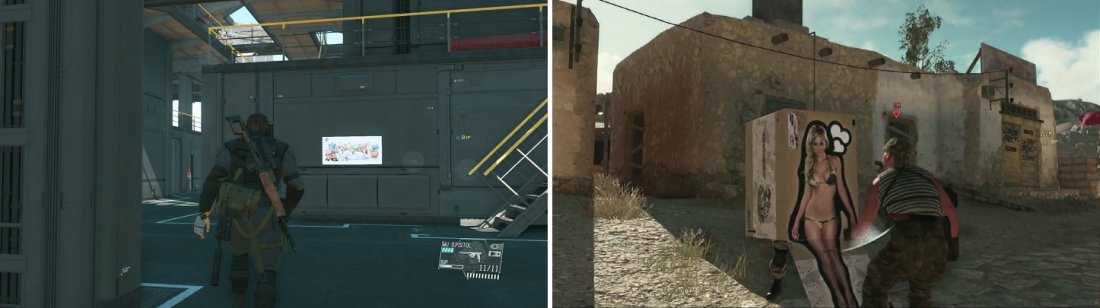 Posters are always found on walls in various places (left). You can attach them to cardboard boxes to have various effects on soldiers (right).