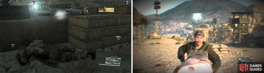 A white bar (left) indicates that an enemy notices something and will investigate it. With Reflex Mode on (right), you can kill or subdue the enemy before they alert everyone else.