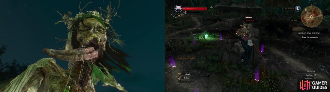 Summon the Devil by the Well (left) then defeat the Noonwraith to banish her (right).