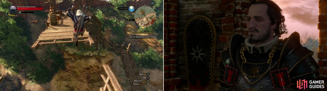 Leaping from one of the bridge to the next to score some loot (left). Talk to the garrison commander and accept to kill the Griffin terrorizing White Orchard in exchange for information (right).