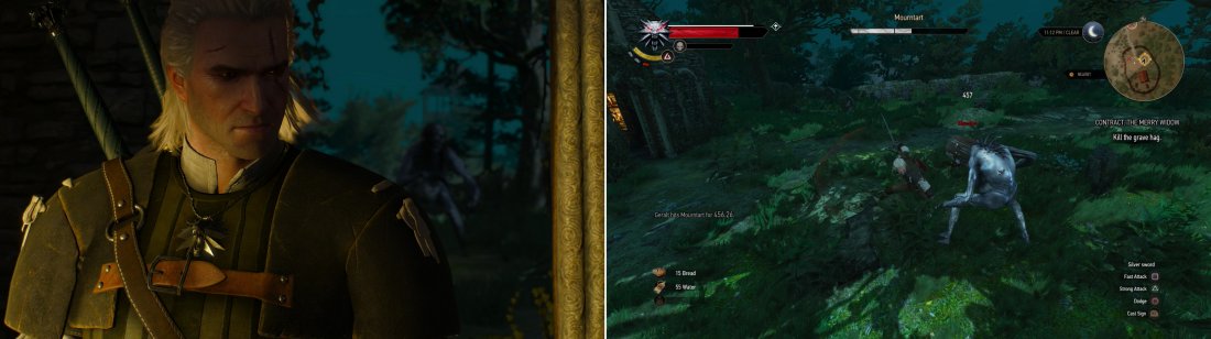 Take the Grave Hag Skulls to lure the beast out into the open (left) then teach her to fear a Witchers blade (right).