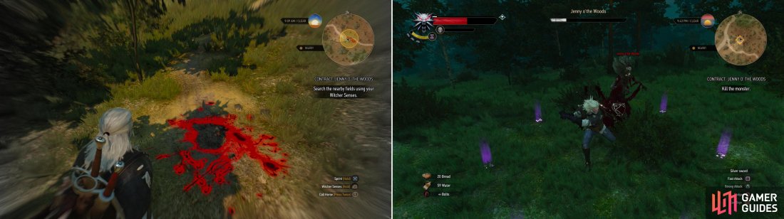 Use your Witcher Senses to find a rough grave (left) the, after identifying the victim, combat Jenny o the Woods (right).