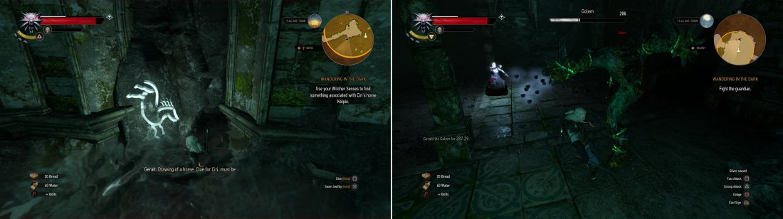 Dive into the water to find the correction symbol (left). Defeat the Golem after taking a portal to progress deeper into the ruins (right).
