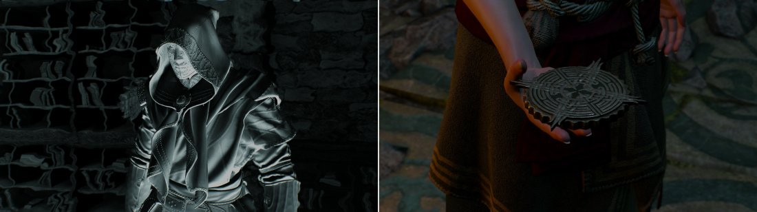 Find the final projection left by the mysterious mage (left). Keira will give you the Eye of Neheleri, which will allow you to dispel illusions (right).