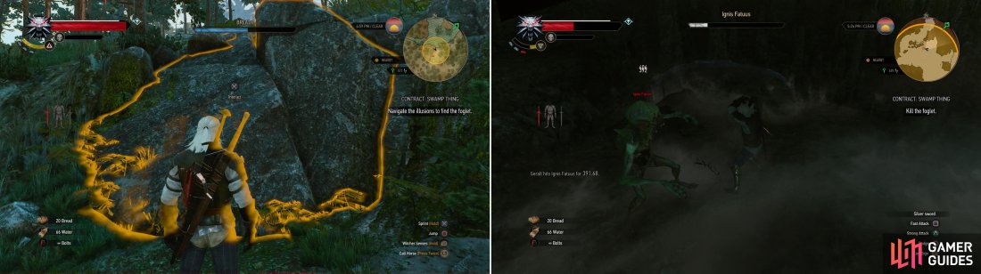 After finding the Foglets lair, use the Eye of Neheleri to gain access (left) then slay Ignis Fatuus (right).