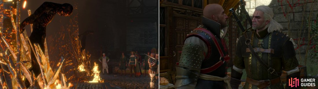 The Cult of the Eternal Fire has made Novigrad a dangerous place for mages and other magical deviants (left). Menge, the leader of the citys Witch Hunters, is a particularly unlikable fellow (right).