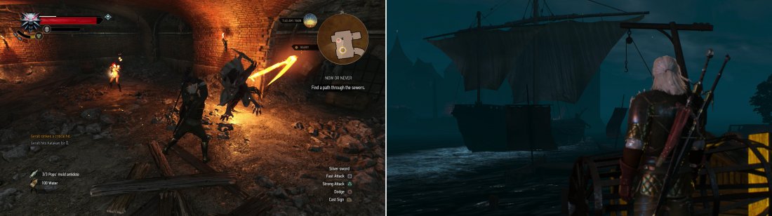 Kill the Katakan in the sewers (left) then watch the mages depart Novigrad (right).