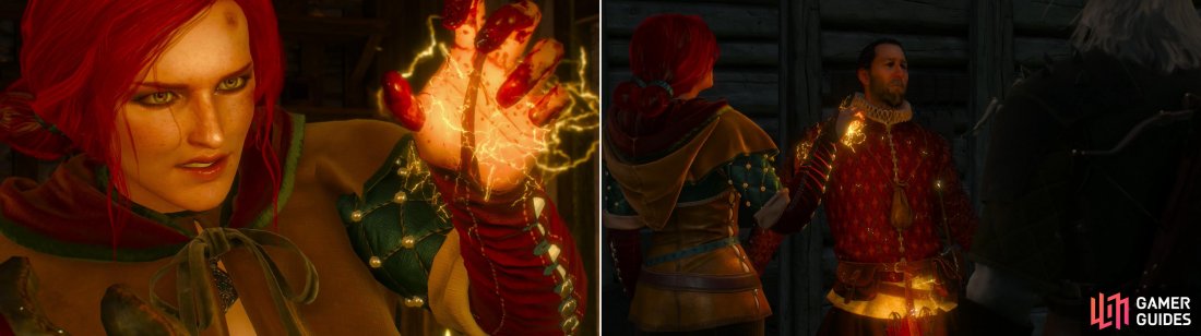 If tortured, Triss wont be in a very forgiving mood (left). Track down and interrogate Menges contact to learn the information Menge himself can no longer provide (right).