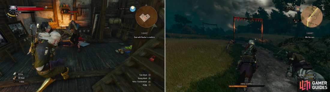 Fight some thugs in the halflings house (left), then find the compulsive gambler at the race tracks, where you can try to win enough money to clear his debts (right).