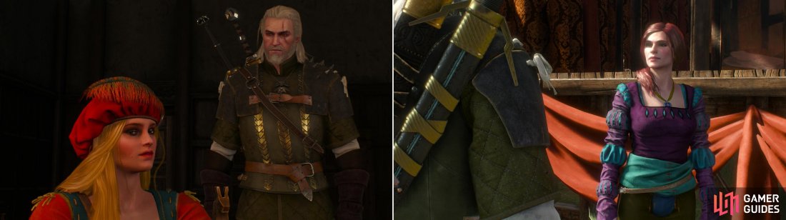 Geralt helps Priscilla write a play (left) then heads off to hire Irinas acting troupe (right).