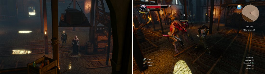If you learned the truth, youll be able to track Hubert down in a dockside warehouse (left). After some monolouging, hell reveal his true form-that of a High Vampire-and attack (right).
