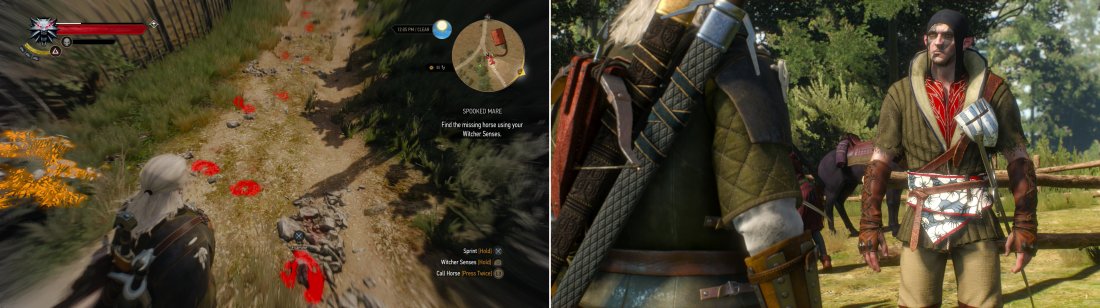 Activate your Witcher Senses and follow the stolen horses hoof prints (left. Theyll lead you to the culprits, who, while not human, arent quite worthy of the title woodland spooks (right).
