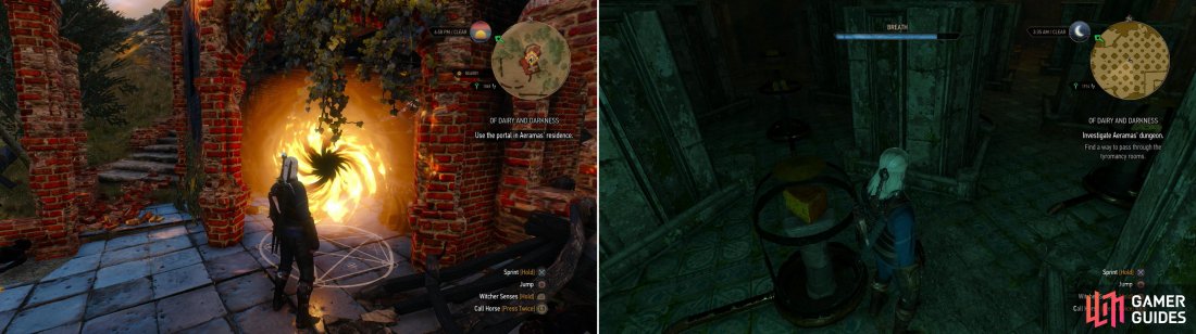 Use the figurines to open a portal in Aeramas Abandoned Manor (left), then navigate through the Trial of the Cheeses-avoiding the smelly cheese as you do so (right).