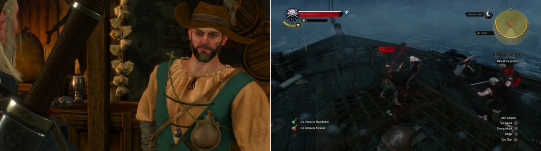 Find Captain Wolverstone In the Golden Sturgeon and pay him a handsome sum to take you to Skellige (left). Geralt is woken during the trip by the traditional Skellige welcoming party… (right)