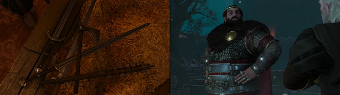 The candidates for the crown of Skellige lay make their claim (left). Talk to Crach after the wake and hell ask you to help his children-Hjalmar and Cerys (right).