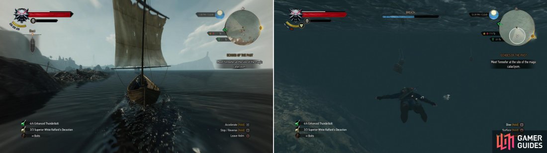 A good bit of exploration in Skellige will by done by boat, instead of on foot (left). Be sure to seek out Smugglers Caches as you go to score sweet loot (right).