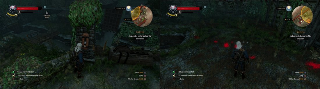 Activate a lever to open a sluice gate (left). Use your Witcher Senses to follow Cravens retreat into a well (right).