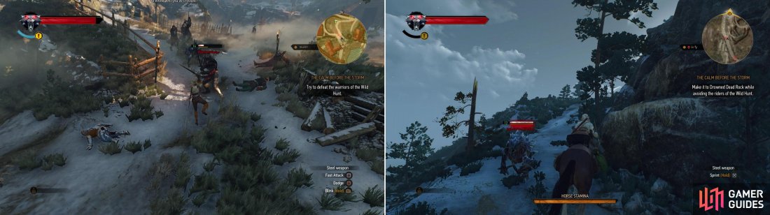 Fight off the Wild Hunt in the village (left) then ride to safety, dodging Hounds of the Wild Hunt as you go (right).