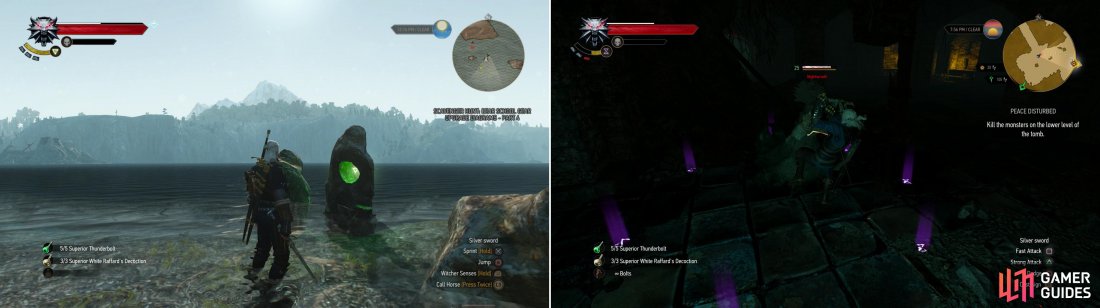 Score a Place of Power near the beach upon which Geralt finds himself after the shipwreck (left). The Nighwraith is the most dangerous of the restless dead in the crypt (right).