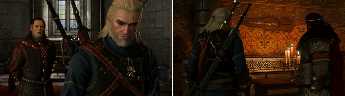 As battle with the Wild Hunt looms, Geralt must seek aid from various sources. Some are considerably less helpful than their resources would otherwise allow (left) while other go above and beyond (right).
