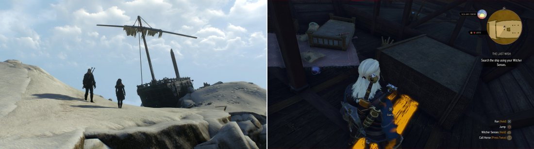 Find the other half of the mages ship in a most unusual location (left), then search the ship to discover the mages unfortunate fate (right).