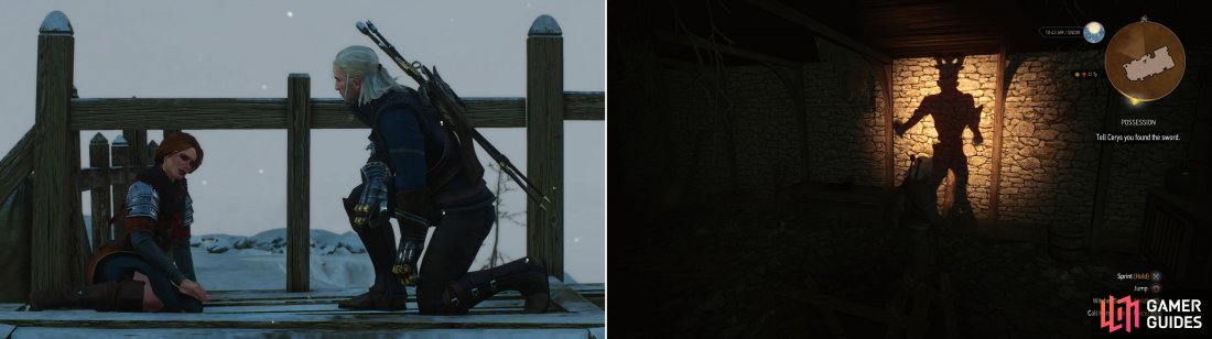 Geralt and Cerys chat after rescuing her from the Jarls old house (left). An ominous specter appears as Geralt recovers the old family sword Brokvar from the cellar (right).
