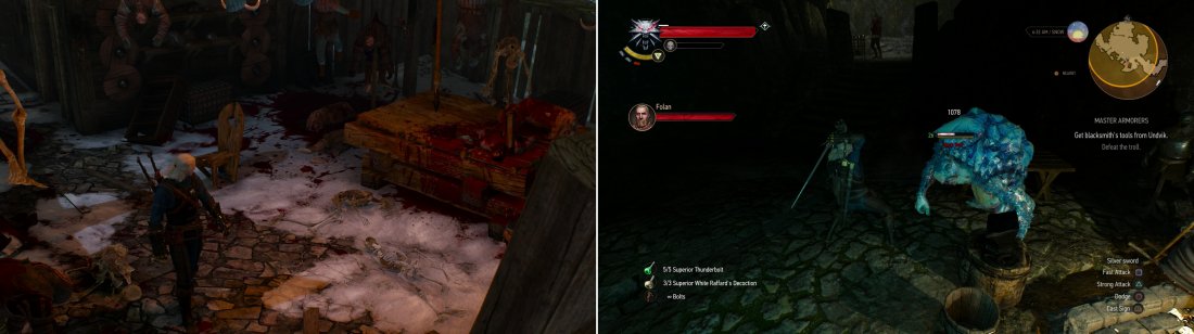 Geralt discovers the giants grisly pantry (left). Make s short diversion and slay the Rock Troll that guards the smithing tools Fergus wants (right).